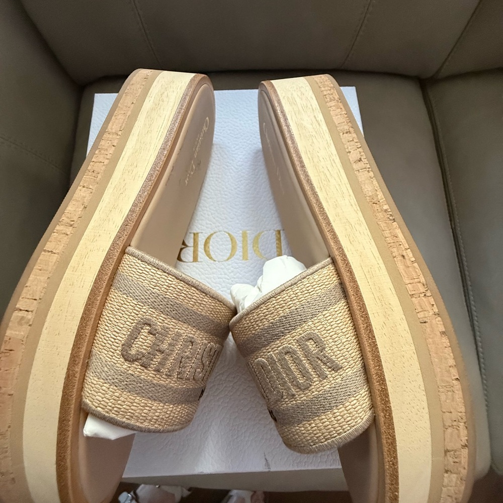 Dior Beige Tan Embroidered Logo Slide Sandals - Picture 5 of 7